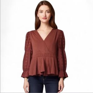 Anthropologie Ember Maroon Long Sleeve Textured Peplum Blouse Small